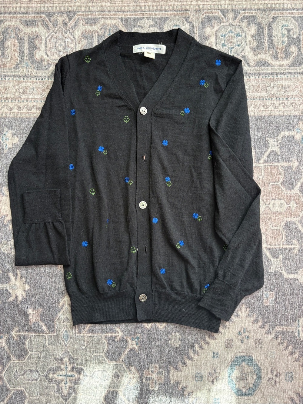 Comme des Garcons Black Cardigan with Blue and Green Floral Dots